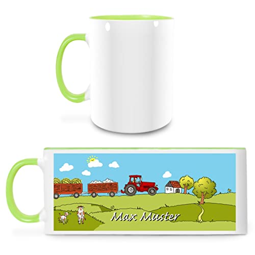 Manutextur Tasse mit Namen - personalisiert - Motiv Traktor - viele Farben & Motive - weiß/hellgrün - persönliches Geschenk mit Wunsch-Motiv und Wunsch-Name Cover