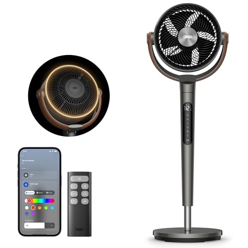 DREO Smart Fan for Bedroom with RGB LED, 150°+120° Omni-directional Oscillating, Quiet 20dB Fan, 100ft Air Circulator Pedestal Fan with DC Motor, 12 Speeds, 6 Modes, 37-42" Height, Wi-Fi/Voice/Alexa