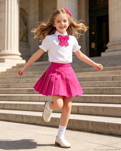 Image of Betusline Girls Skirt Set JK School Uniform 2-Piece Outfit - Short Sleeve Shirt with Bow & Pleated Skirt 4T-14Y