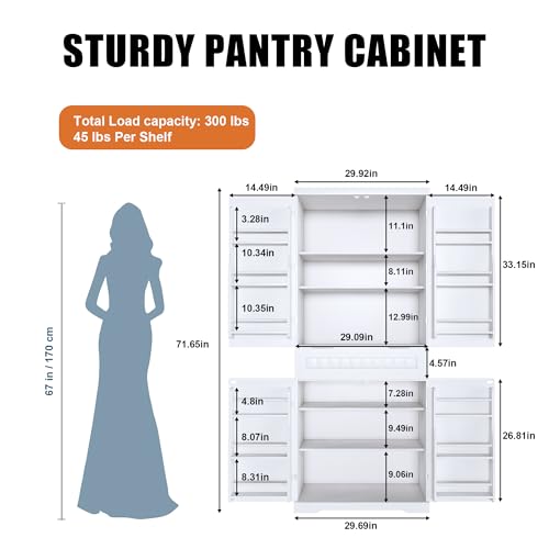 Image of 72 inch Tall Kitchen Pantry Cabinet with Drawer & Adjustable Shelves,Farmhouse Versatile Modern Compact Pantry Storage Cabinet w /12 Door Shelves,Anti-Tip Safety Design for Small Kitchen,Dining Room