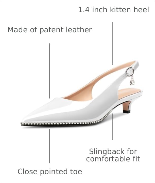 Image of TNYNFBEB Womens Low Kitten Heel Close Pointed Toe Pumps Slingback Silver Beaded Buckle Prom Party Dress Patent Leather 1.4 Inches Heels