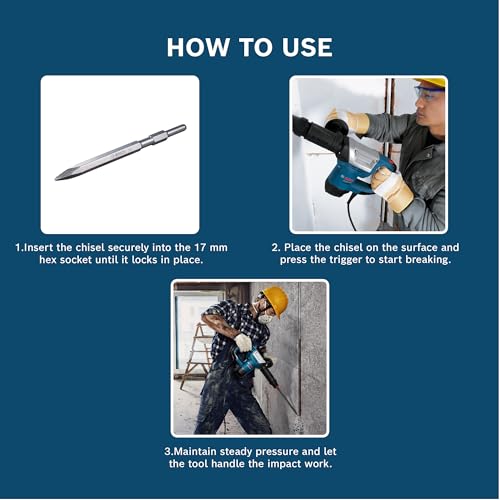 Bosch GSH 500 Corded Electric Demolition Hammer With Hex, 1,100W, 2,900 bpm, 7.8 J, 5.6 kg, Low Vibration + 1 Pointed Hex chisel, 280 mm, 17 mm shank, 280 mm& Carrying Case, 1 Year Warranty