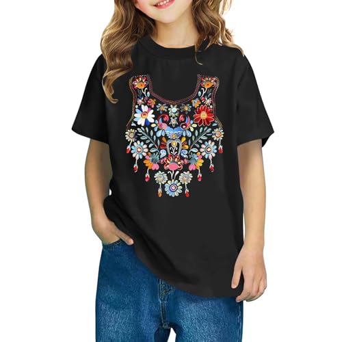 Girls Summer Mexican Shirts Embroidered Tops Traditional Summer Blouse Floral Tunic Round Neck Short Sleeve2