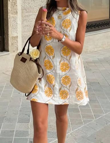 Image of Womens Summer Floral Print Mini Dress Romantic Sleeveless Shift Short Dress Vacation Fairy Dresses
