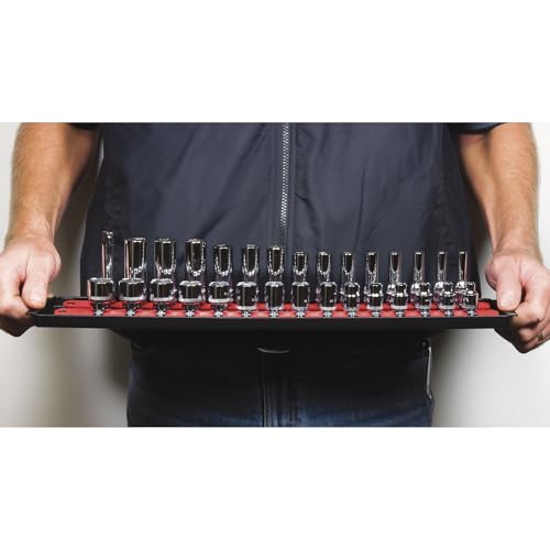 Image of Ernst Manufacturing - 8453 Socket Boss 2-Rail 3 /8-Inch-Drive Socket Organizer, 19-Inch, Red - Socket Storage Tray and Organization System for Mechanics and Automotive Service Technicians