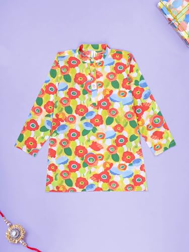 Image of KiddoPanti Boys 100% Cotton Ethnic Motif Printed Short Length Kurta