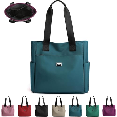 Large Capacity Water Repellent Multi Pocket Nylon Shoulder Bag with Zipper,Nylon Tote Bags for Work Travel