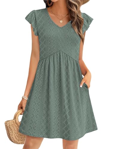Image of OFEEFAN Summer Dresses for Women Beach Vacation Clothes V Neck Ruffle Sleeve Babydoll Dress Elegant Classy Sundress