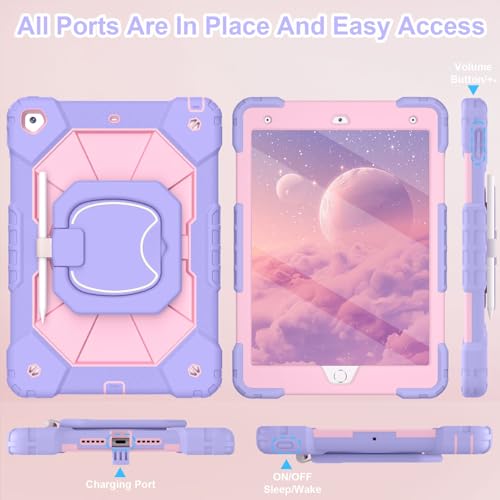 Image of WESOROL Case for iPad 9th Generation 10.2 Inch Tablet Case Military Grade Shockproof Cover for iPad 9th /8th /7th Gen Cases with Rotating Stand Screen Protector Pencil Holder,Purple Rose