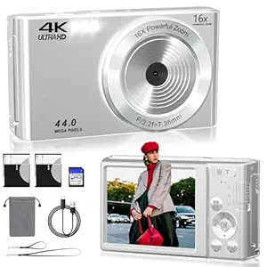 Digital Camera FHD 4K 44MP with 64GB SD Card 16X Digital Zoom Auto Focus FHD 1080p Compact Portable Cheap Small Vintage Camera Children's Day Gifts for Teens Boys Girls (Silver)