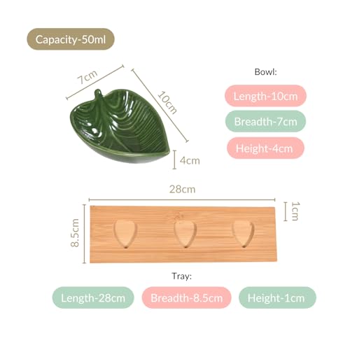 Image of Nestasia Leaf-Shaped Ceramic Dip Bowls Set with Bamboo Serving Tray 50ml | Eco-Friendly, Microwave and Dishwasher Safe | Perfect for Dips, Sauces, Nuts, Candies, Treats and Gifting