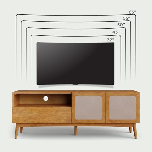 Image of Calista TV Stand 1 Drawer 2 Door - Teak Brown Finish Media Console with Open Shelf & Fabric Panel Doors, Mid-Century Modern Style with Tapered Legs, Easy Assembly
