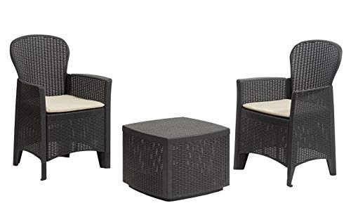 Dmora Ensemble de jardin avec coussins, 2 fauteuils et 1 table conteneur d'extérieur, Made in Italy, Couleur anthracite