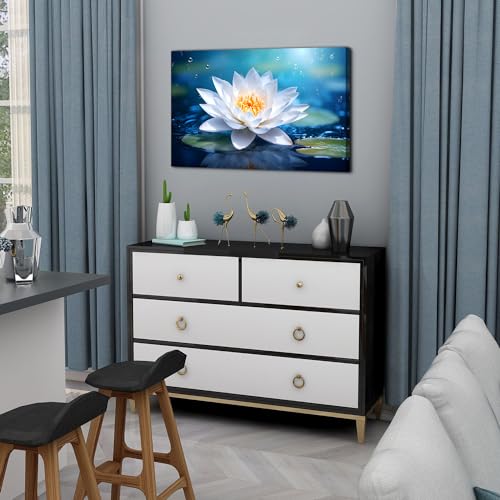 Image of Lotus Flower Wall Art Zen Living Room Wall Decor White Water Lily Floral Canvas Picture Spa Yoga Room Decor Nature Botanical Plant Painting Meditation Poster Spiritual Artwork Home Decoration 16x24 inch