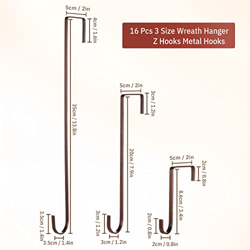 Hotop 16 Pieces Wreath Hanger Over Door Hooks Metal Z Hooks 3.4 Inch/ 7.9 Inch/ 13.8 Inch For Christmas Front Door Decorations, Hanging Coats Hats Robes Towels (Bronze) #TOP1