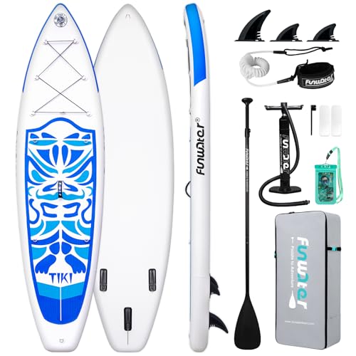 FunWater Tiki Aufblasbares SUP Board – Für Alle Könnensstufen | Inklusive Paddel, Hochdruckpumpe, ISUP-Reisetasche, Sicherheitsleine, Wasserdichter Tasche & Finnen