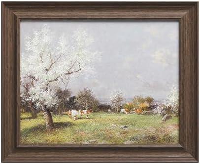 VIOLABBEY Wall Art Framed Canvas, Farmhouse Landscape Prints, White Blossom Tree Green Meadow with Grazing Cows, Rustic Cottagecore Décor for Bedroom Kitchen Hallway, 8x10in