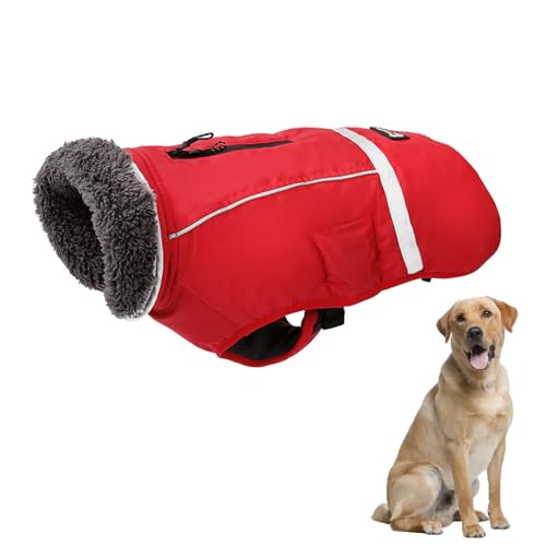 厚手で暖かい反射犬用コート(大)、フリース裏地付き冬用犬用ジャケット、犬用タートルネックラペルジャケット、Dリング付きペット用冬用コート、小型犬から大型犬用ハーネスホール,赤,XL