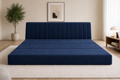 Image of Three Seater Sofa Bed, Velvet Fabric Foldable Sofa Cum Bed with Soft Foam Cushioning, Convertible Floor Couch for Living Room, Guest Room & Home Use (Blue, Pre-Assembled)