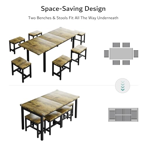 iPormis 7-Piece Dining Table Set with 6 Stools, 63" Extendable Kitchen Table Set for 4-8, Modern Dining Room Table with Sturdy Metal Frame, Space-Saving Dinette, Rustic Brown