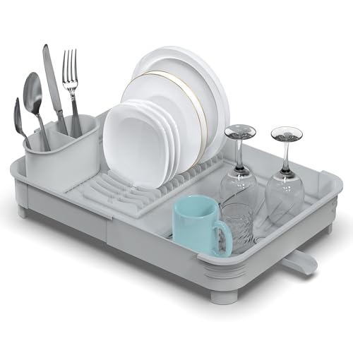 Extendable Dish Drainer Rack Foldable Dish Draining Rack with Removable Cutlery Holder Adjustable Dish Draining Board Rack with Swivel Drainage Spout Space-Saving Kitchen Drying Rack Light Grey