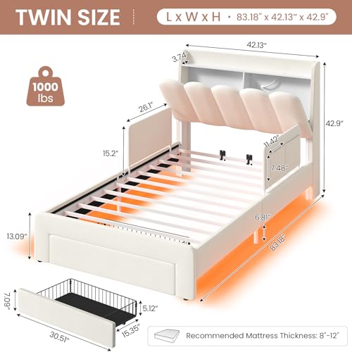 Image of DICTAC Twin Size LED Bed Frame with Storage Drawer and Safety Guardrails, Velvet Upholstered Platform Bed for Kids with Chic Wavy Storage Headboard, Charging Station, Heavy Duty Metal Support, Beige