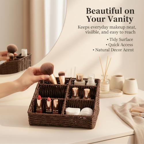 Image of Makeup Organizer, Hand-woven Wicker Basket for Dresser Vanity and Bathroom Countertop, 6 Compartment Skincare Organizer Cosmetic Display Case, Beauty Holder for Lipstick Brush Eyeshadow - Brown