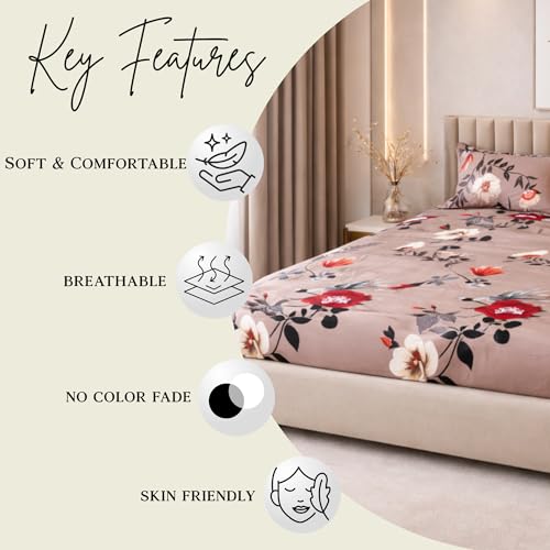 Image of THEA King Elastic Fitted Double Bedsheet Set| 100% Cotton Like Soft Fabric | Microfiber King Elastic Double Bedsheet for King Size Bed (72 X 78 x 10 inches) with 2 Pillow covers,Autumn Desire