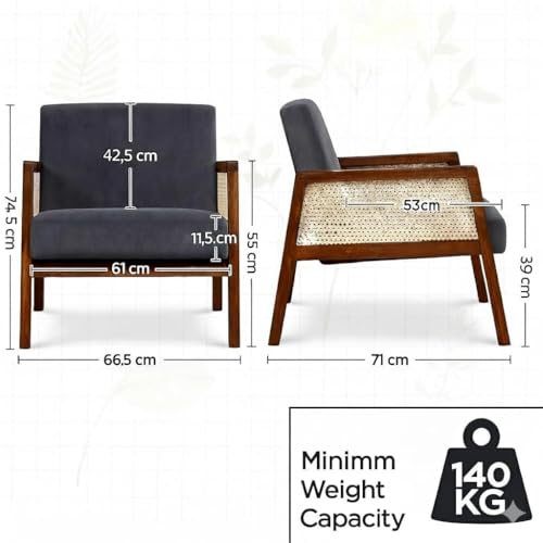 Image of Cane Chair for Balcony || Premium Sheesham Wood Arm Chair with Cushion || Wooden Chairs for Living Room || Armrest Chair Garden Outdoor & Indoor Chairs Office, Study || Brown Finish