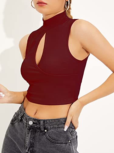 Image of Shasmi Women's & Girl's Black and Maroon Solid Ribbed High Neck Stand Collar Sleeveless Slim Fit Cut Out Tank Tops (Top 43)