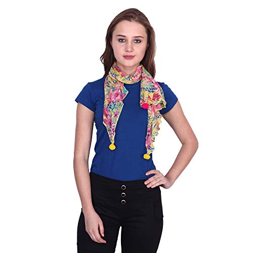 Image of POPWINGS Casual Yellow Printed Chiffon Scarf with pom-pom work