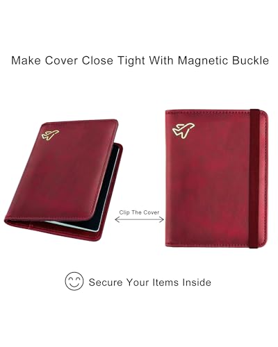 Image of WALNEW Passport Holder for Travel, RFID Passport Cover Wallet for Women Men, PU Leather Passport Book Card Holder Case with Pen (Elastic Band Closure, C-Red)