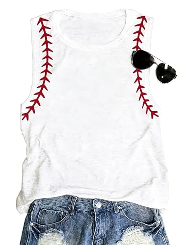 Buynaw Women Baseball Tanks Shirts Summer Casual O-Neck Sleeveless T-Shirts Trendy Baseball Mama Print Muscle Workout Outfits (White L)