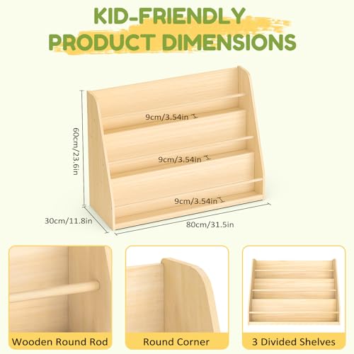 Image of XiaZ Kids Bookshelf, 3-Tier Wooden Montessori Display for Toddlers | Solid Pine Wood, Stable Trapezoid Base, Rounded Corners, Front Display, Compact, Holds 40-60 Books, Easy 20-min Assembly