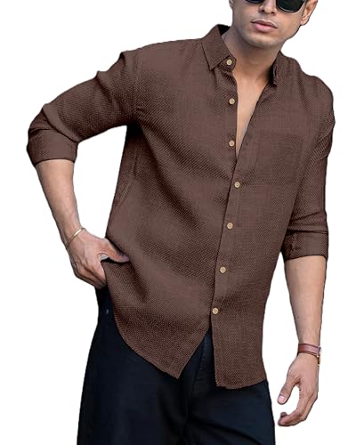 RAIZAX Men Linen Cotton Full Sleeve Shirt for Man | Mens Casual Shirt |Shirts for Men Stylish | Men Shirts | Casual Business Party Festival Regular Fit (in, Alpha, M, Regular, Brown)