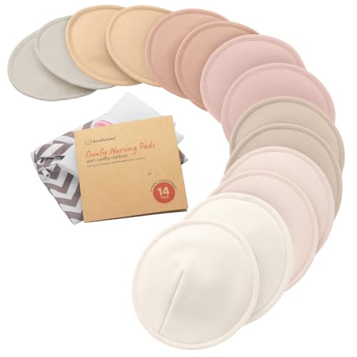 Image of Organic Nursing Pads, 14 Washable Breast Pads,Wash Bag (Neutrals, L 5") | Viscose Derived from Bamboo, Breast Pads for Breastfeeding, Reusable Nipple Covers, Breastfeeding Essentials, Soft, Absorbent