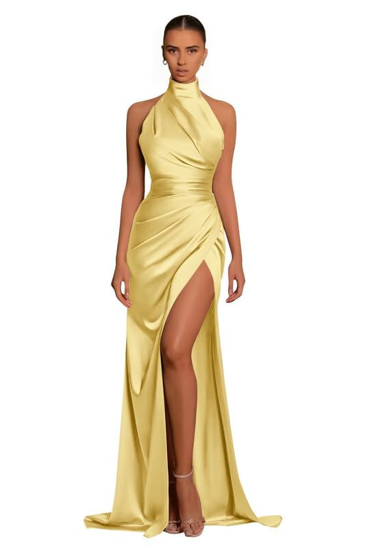 PRECISCRY Women 2024 Satin Long Evening Formal Gown Mermaid Halter Bridesmaid Dresses for with High Slit Prom Dress PRY121 Yellow