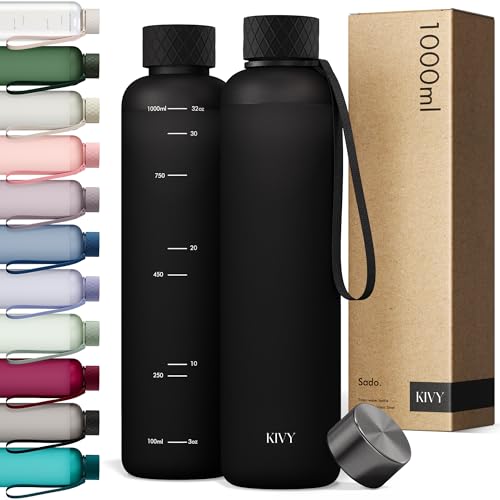 KIVY Botella de Agua Tritan 1 L - Estanca & Apto para Lavavajillas - Para Deporte, Gimnasio, Escuela y Oficina - Botella Deporte - Garrafa de Agua para Gym - Botellas Agua 1 L - Sin BPA - Negro