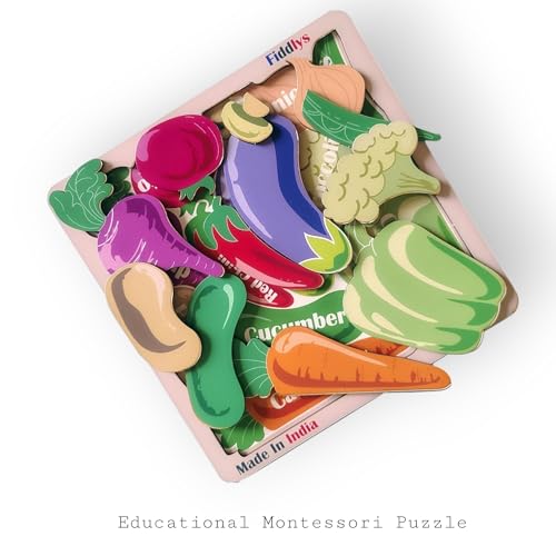 Image of Fiddlys Wooden Educational Jigsaw Puzzles for Toddlers & Preschoolers, Double Layered Wooden Puzzles with Bright Front & Back Print Alphabet Shapes and Numbers Learning, Toy (Vegetable)