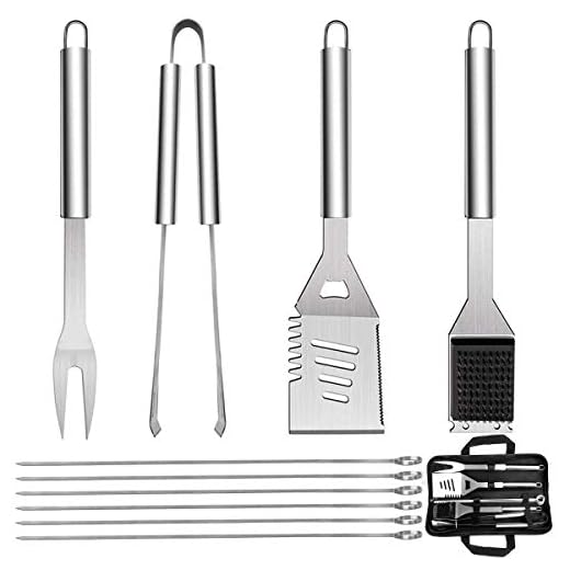 QH Set di Utensili Barbecue, 10 Pezzi Kit di Accessori per Barbecue Set - Completo Attrezzi BBQ in Acciaio Inossidabile Posate per Campeggio/Regalo per Natale, Compleanno, Regalo di papà Ideale per