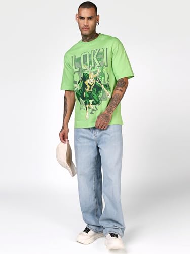 Image of Bewakoof X Marvel Loki Men's Cotton Graphic Print Oversized Fit Half Sleeve Round Neck T-Shirt | Casual Wear | Street Wear | Oversized t Shirt for Men Cotton | Baggy