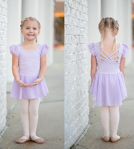 Image of Arshiner Girls Shiny Ruffle Sleeve Ballet Leotard with Skirt Criss-Cross Back Dance Dresses