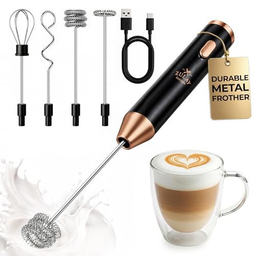 Zulay Kitchen Metal Rechargeable Milk Frother, 3 Whisk Attachments Handheld Frother Wand, 1800mAh USB-C Charging, Electric Drink Mixer for Protein, Matcha & Powders - One Charge Lasts up to 6 Months