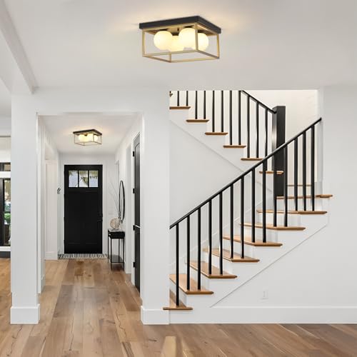 Image of Flush Mount Ceiling Light, 12.6 inch Close to Ceiling Light Fixtures with Globe Glass Shade, 4-Light Black and Gold Light Fixture for Living Room Dining Room Bedroom Kitchen Hallway Entryway