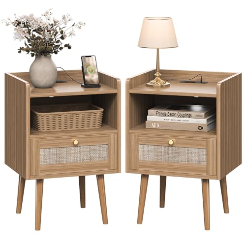 Image of MECHYIN Night Stand Set 2, Nightstands Set of 2 with Charging Station, Rattan Side Tables with Solid Wood Legs, Boho Bedside End Table for Apartment Bedroom Dorm Small Space