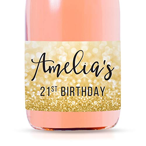 Andaz Press Personalized Birthday Mini Wine Labels for Bottles, Glitzy Gold Glitter 20-Pack Custom Mini Champagne Bottles Bulk Waterproof Mini Wine Bottle Labels Party Favors Adults Birthday