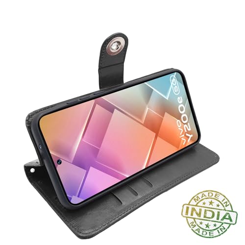 Image of Pikkme Vivo T3 5G / Vivo Y200e 5G Flip Cover Leather Finish | Inside TPU with Card Pockets | Wallet Stand and Shock Proof | Complete Protection Button Flip Case (Black)