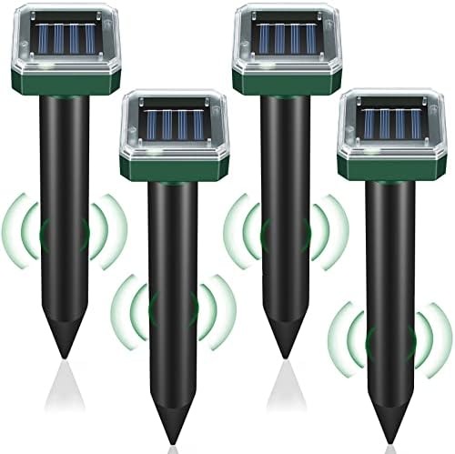 Mole Repellent Solar Powered 4 Pack,Snake Vole Repellent Outdoor, Gopher Repellent Ultrasonic Solar Powered for Lawn Garden Waterproof, Sonic Mole Spikes,Get Rid of moles Groundhog Chipmunk Repellent