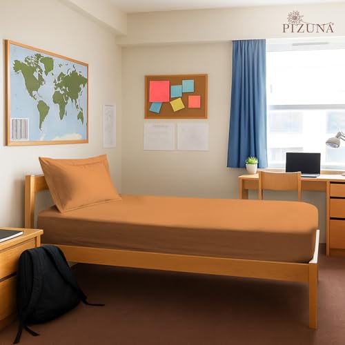 Image of Pizuna 100% Cotton Fitted Bedsheet Single Bed 400 Thread Count Long Staple Cotton Sateen Fitted Bedsheet 40x78 Inch with 1 Pillow Cover, Apricot Orange Elastic Fitted Bedsheets Single Bed fits 12 Inch