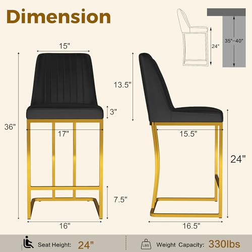 Image of LSSBOUGHT Counter Height Bar Stools Set of 2, Black Counter Stools with Back and Gold Metal Frame,Modern Barstools with Footrest, Upholstered Pu Bar Chairs for Kitchen Island(2pcs,Black)